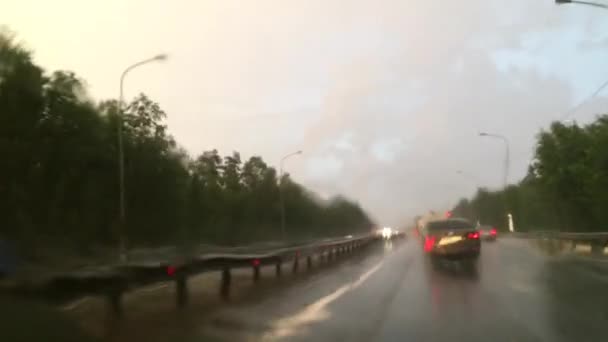 Conducir Coche Carretera Bajo Lluvia Una Tormenta Tifón Atrapó Conductor — Vídeos de Stock