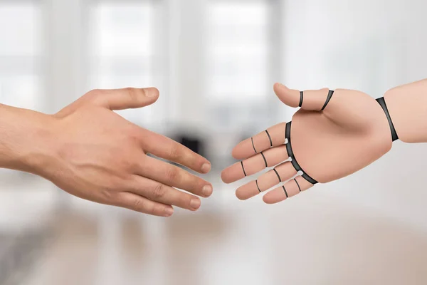 Ręce Robot Człowieka Uścisnąć Dłoń Androida Sztuczna Inteligencja — Zdjęcie stockowe