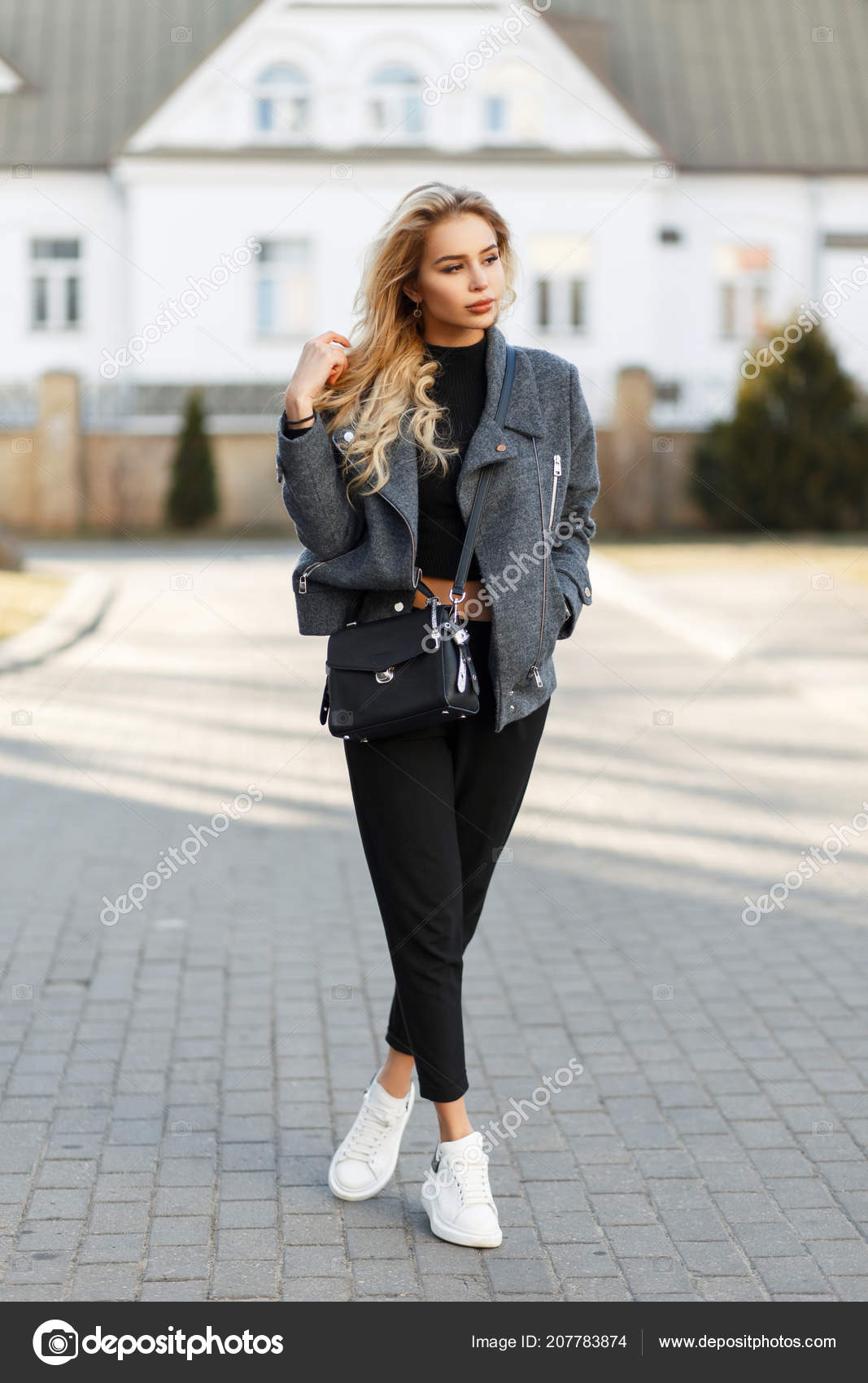 Beautiful Young Stylish Girl Bag Fashion Gray Coat Black Pants Stock Photo  by ©alonesdj 207783874