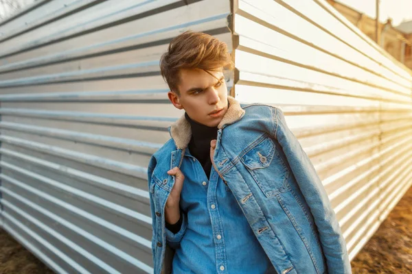 Stylish Handsome Young Man Fashion Jeans Jacket Fashionable Denim Shirt — Stock Photo, Image