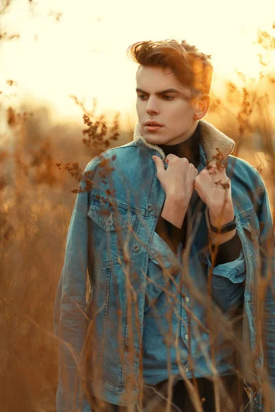 Fashionable Young Man Hairdo Stylish Denim Jacket Walking Field Dry — Stock Photo, Image