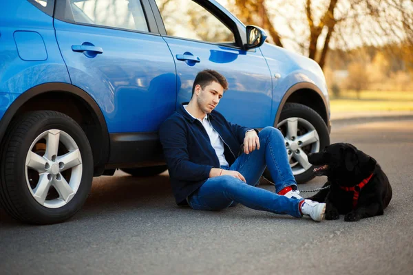 Young Handsome Man Dog Resting Car Spring Day — Stock Photo, Image