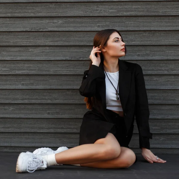 Beautiful Young Woman Model Trendy Black Coat White Stylish Sneakers — Stock Photo, Image