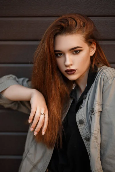 Fashion Portrait Beautiful Young Woman Model Stylish Jacket Black Polo — Stock Photo, Image