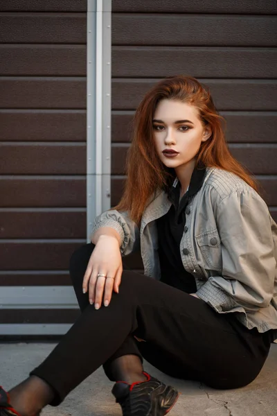 Beautiful Young Model Woman Fashionable Jacket Black Shirt Pants Sitting — Stock Photo, Image