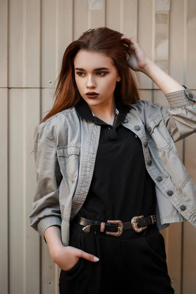 Fashionable Beautiful Young Model Girl Stylish Denim Jacket Black Polo — Stock Photo, Image