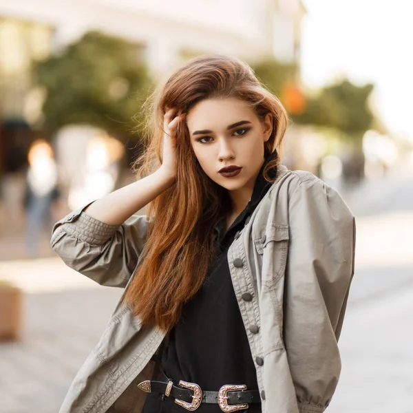 Fashionable Beautiful Model Woman Stylish Jacket Black Polo Shirt Street — Stock Photo, Image