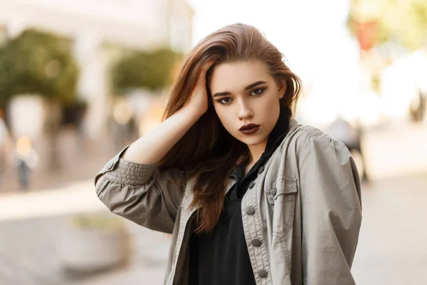 Stylish Young Beautiful Woman Fashionable Jacket Black Shirt Street — Stock Photo, Image