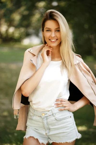 Happy Beautiful Blond Girl Smile Pink Jacket Shorts Nature — Stock Photo, Image