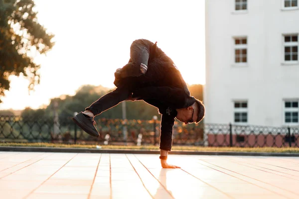 Young Stylish Male Dancer Black Denim Clothes Dancing Sunset — Stock Photo, Image