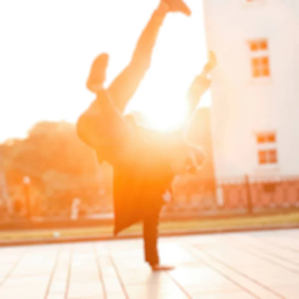 Young Man Dancer Black Clothes Dancing His Hands Street Sunset — Stock Photo, Image