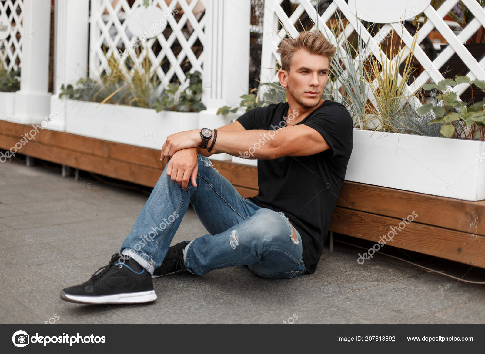 Stylish Young Man Hairstyle Fashionable Black Shirt Blue Jeans Sneakers Stock Photo by ©alonesdj 207813892 Stylish Young Man Hairstyle Fashionable Black Shirt Blue Jeans Sneakers Stock Photo by ©alonesdj 207813892