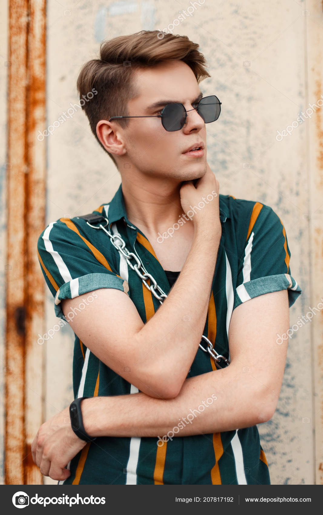 Stylish Young Guy Haircut Sunglasses Fashionable Beach Shirt Bag
