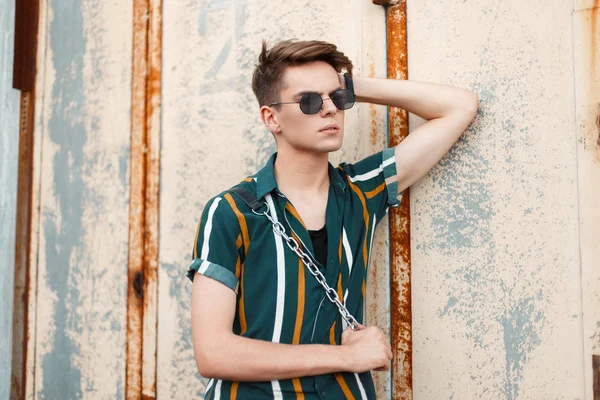 Fashionable Hipster Man Sunglasses Stylish Shirt Posing Vintage Metal Wall — Stock Photo, Image