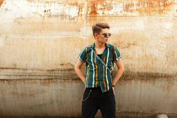 Stylish Handsome Young Model Man Fashion Shirt Sunglasses Rusty Metal — Stock Photo, Image