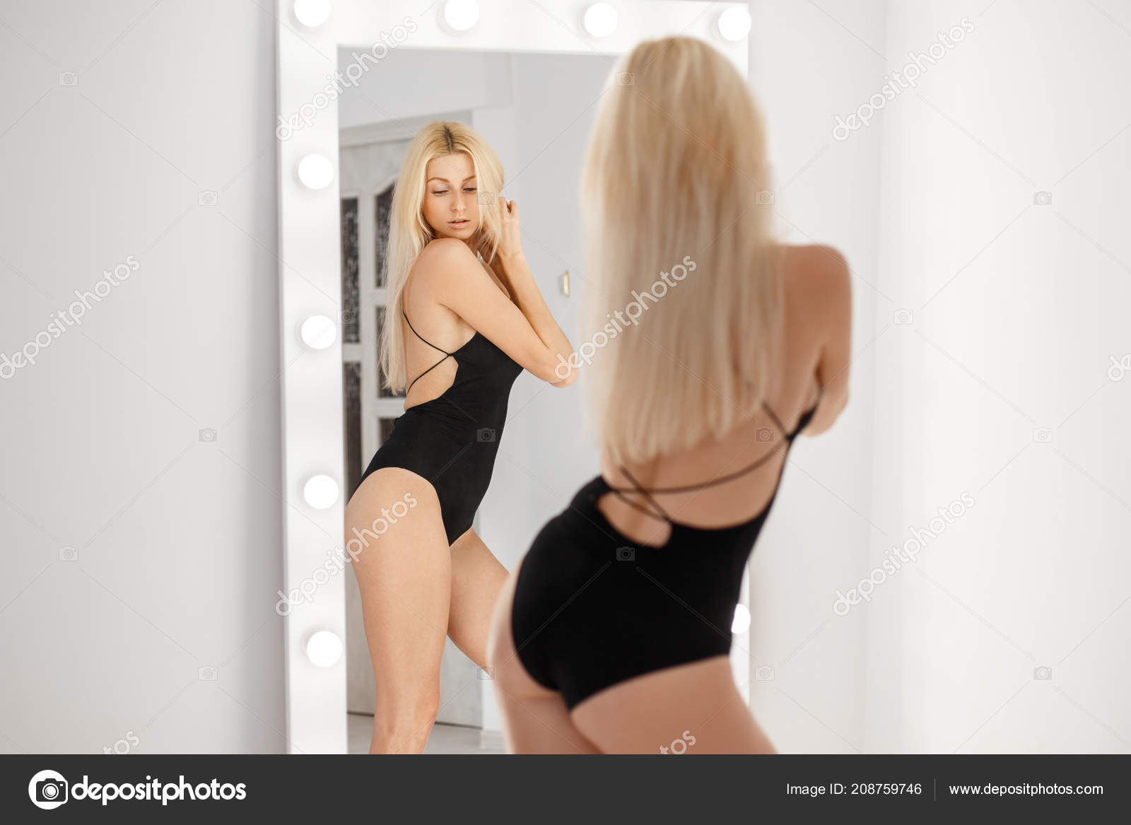 Beautiful Young Sexy Blond Woman Black Lingerie Vintage Mirror