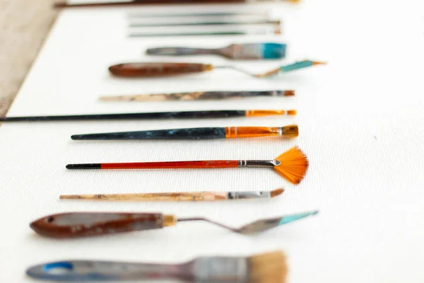 Sanatçı Kümesi Fırçalar Araçları Tuval Üzerine Yalan — Stok fotoğraf