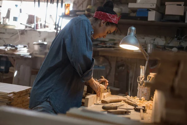 Craftsman Woman Works Wood Workshop Handmade Concept — Stock Photo, Image