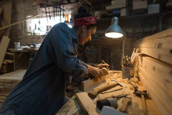 Woman Makes Work Wood Workshop Craftsman Process Work — Stock Photo, Image