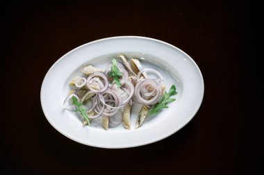 Karanlık bir arka plan üzerinde bir tabakta soğanlı lezzetli taze ringa balığı.