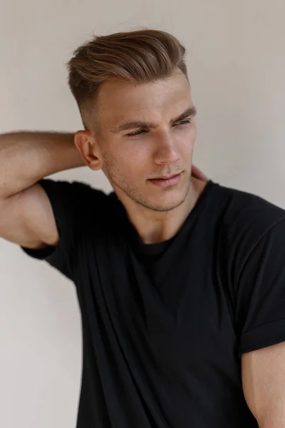 Fashionable Portrait Handsome Young American Man Model Hairstyle Black Shirt — Stock Photo, Image