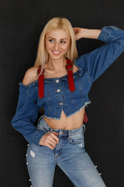 Beautiful Happy Blonde Woman Fashionable Stylish Denim Blue Clothes Smiling — Stock Photo, Image