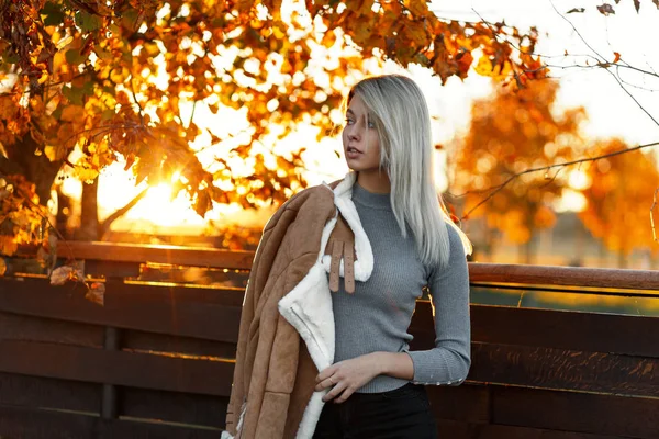 スタイリッシュなニットのセーターとおしゃれなジャケットの少女 立っている オレンジ色の夕日の背景に秋の黄金公園で古い木製のフェンスの近く離れています 屋外の女性 — ストック写真
