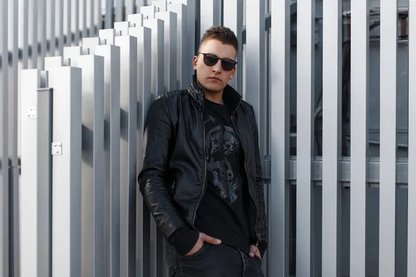 Fashionable Handsome Young Model Guy Sunglasses Black Leather Jacket Stylish — Stock Photo, Image