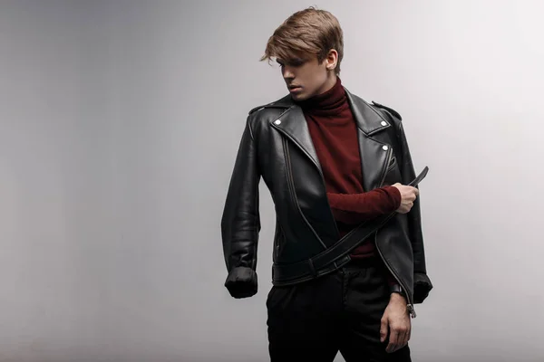 Handsome Young Attractive Man Hairstyle Trendy Black Leather Jacket Burgundy Stock Image
