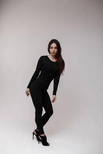 Sexiga Attraktiva Vacker Kvinna Svart Snygg Shirt Fashionabla Svarta Leggings — Stockfoto