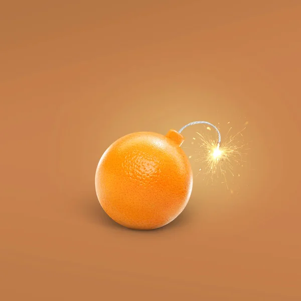 Concetto Bombe Arancioni Sfondo Giallo Bomba Creativa Con Scintille Arancia — Foto Stock