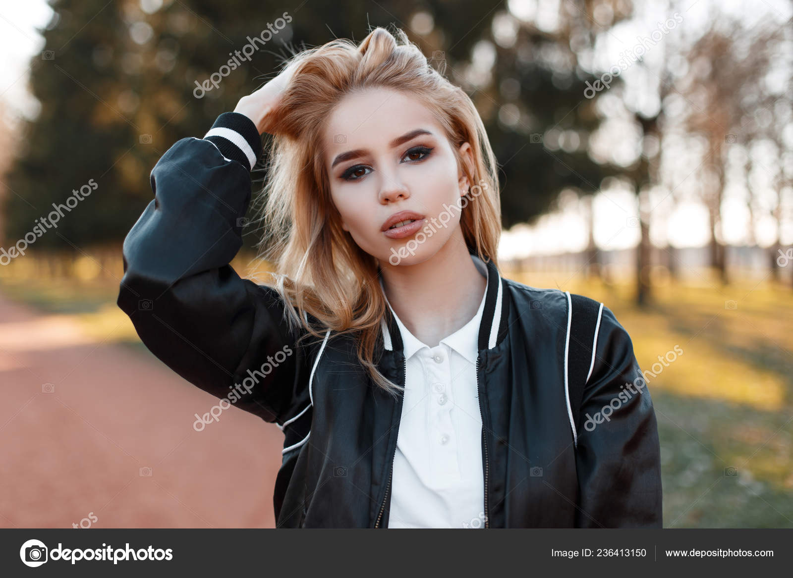 Portrait Sexy Young Beautiful Blonde Woman Fashionable Light Black