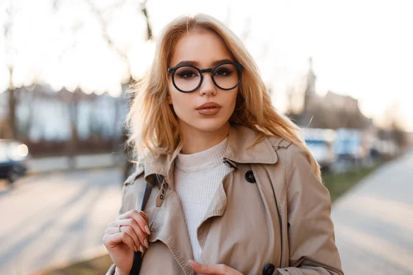 Portrait Amazing Cute Young Hipster Woman Beautiful Lips Stylish Glasses — Stock Photo, Image