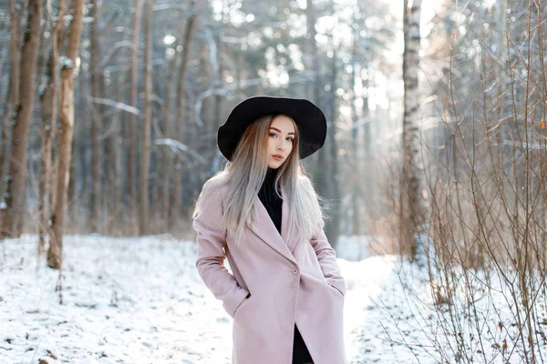 可爱的美丽的年轻女子与金发在一个老式别致的黑色帽子在粉红色优雅的外套摆在一个冬天的公园在雪树的背景 迷人的时尚女孩 — 图库照片