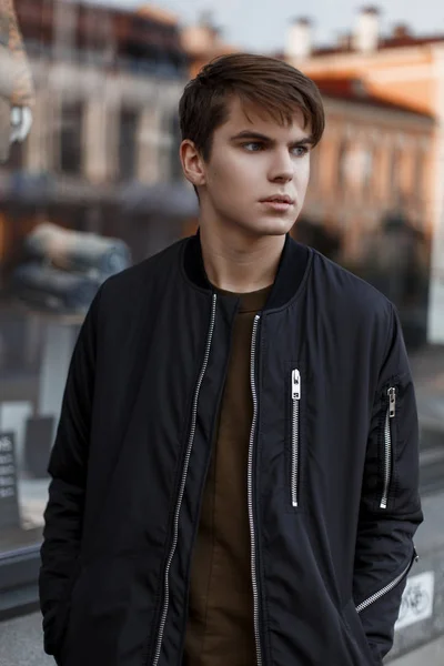 Stylish American Young Guy Trendy Black Jacket Shirt Stylish Hairstyle — Stock Photo, Image