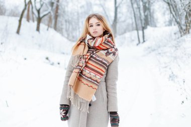 Şık genç kadın bir süsleme ile vintage bir eşarp ile moda yün eldiven içinde sıcak gri paltolu bir kış park arka plan ağaç üzerinde duruyor. Çekici kız.