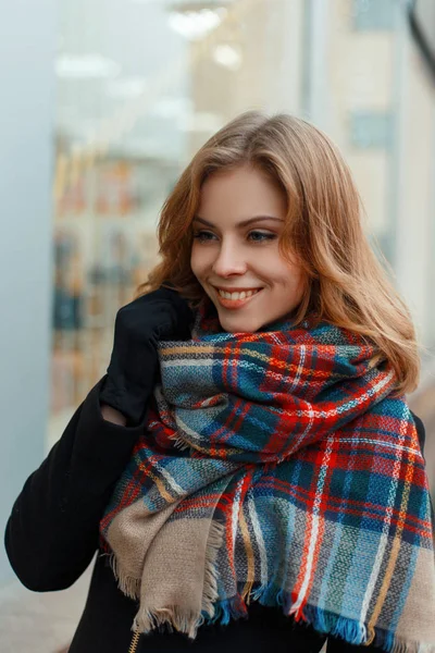 Joyful Happy Young Woman Fashionable Warm Wool Scarf Stylish Black — Stock Photo, Image