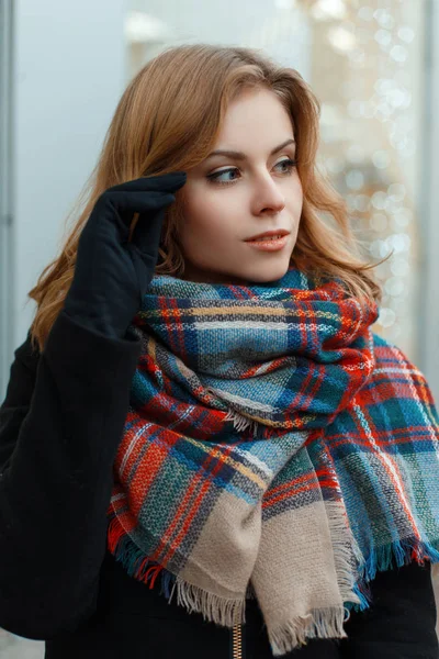 Cute Charming Young Woman Blond Hair Stylish Winter Coat Woolen — Stock Photo, Image