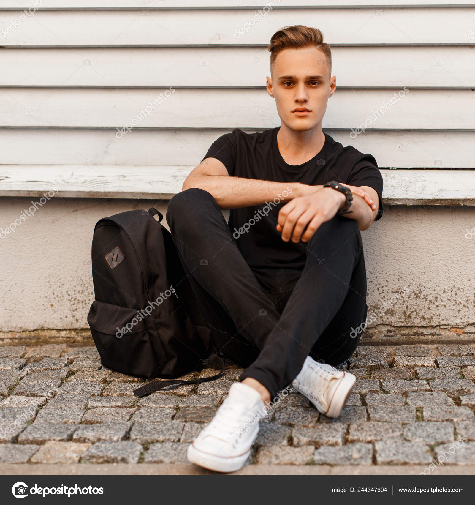 Young Man Stylish Hairstyle Shirt Trendy Jeans White Sneakers Black Stock Photo by ©alonesdj 244347604 Young Man Stylish Hairstyle Shirt Trendy Jeans White Sneakers Black Stock Photo by ©alonesdj 244347604
