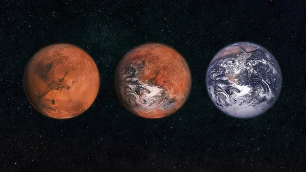 Mars en aarde in de ruimte. Transformeer de planeet Mars naar de planeet aarde. Verandering van het klimaat. Concept van een nieuwe planeet voor het leven — Stockfoto