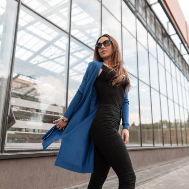Sıcak bir yaz gününde güneş gözlüğü şık giysiler içinde Lüks güzel genç hipster kadın modern bir cam binanın yakınında bir şehir caddesi boyunca yürüyor. Çekici Avrupalı kız modeli bir yürüyüş sahiptir.
