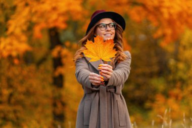 Zarif bir şapkayla şık gözlüklü şık bir paltoyla gülümseyen güzel bir kadın ellerinde turuncu, güzel bir akçaağaç yaprağı tutuyor. Neşeli kız sıcak bir sonbahar gününde parkta yürür.