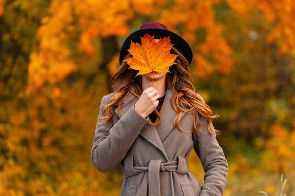 Young woman in a knitted white sweater holds an orange-gold autumn leaf in her hands. Woman with beautiful manicure lies on the yellow leaves in the park. Focus on female hands with an autumn leaf. — Stock Photo, Image