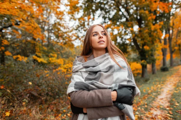 Mulher bonita elegante na moda outerwear posando em uma floresta fora da cidade. Modelo de moda menina bonita descansando ao ar livre em um parque. Roupas sazonais femininas elegantes. Outono look moderno . — Fotografia de Stock