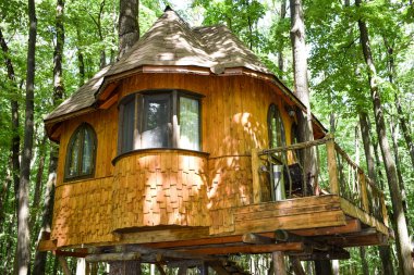 Ağaçtaki ahşap ev. Romanya 'nın Bükreş kentindeki Edenland Parkı