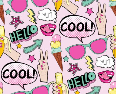 Çizgi roman tarzında kusursuz desen. Kumaş, ambalaj kağıdı, çevrimiçi reklamlarda, sosyal ağlarda, vb..