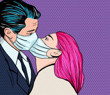 Popüler sanat tarzında maskeli öpüşen çift