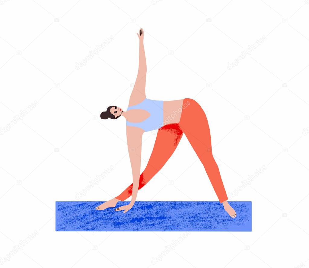 Girl performs asana on a yoga mat.