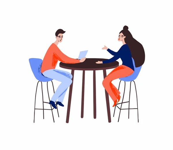 一个男的和一个女的坐在咖啡馆的桌子边聊天. — 图库矢量图片