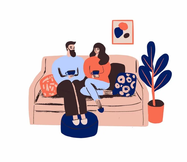 已婚夫妇在一起放松。男人和女人坐在沙发上喝茶或喝咖啡. — 图库矢量图片
